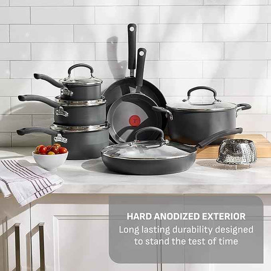 T-Fal Ultimate Hard Anodized Nonstick 13 Piece Cookware Set, Oven Safe Up to 400°F, Pots and Pans Set, Includes Frying Pans, Saucepan, Stockpot, Cooking Utensils, Grey