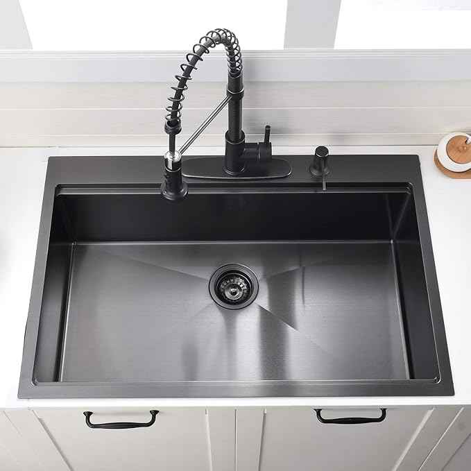 33 Inch Black Drop In Kitchen Sink Workstation - VOKIM 33x22-Inch Drop In Sink Stainless Steel Top Mount 16 Gauge Single Bowl 10'' Deep Handmade Kitchen sink with Cutting Board& Strainer