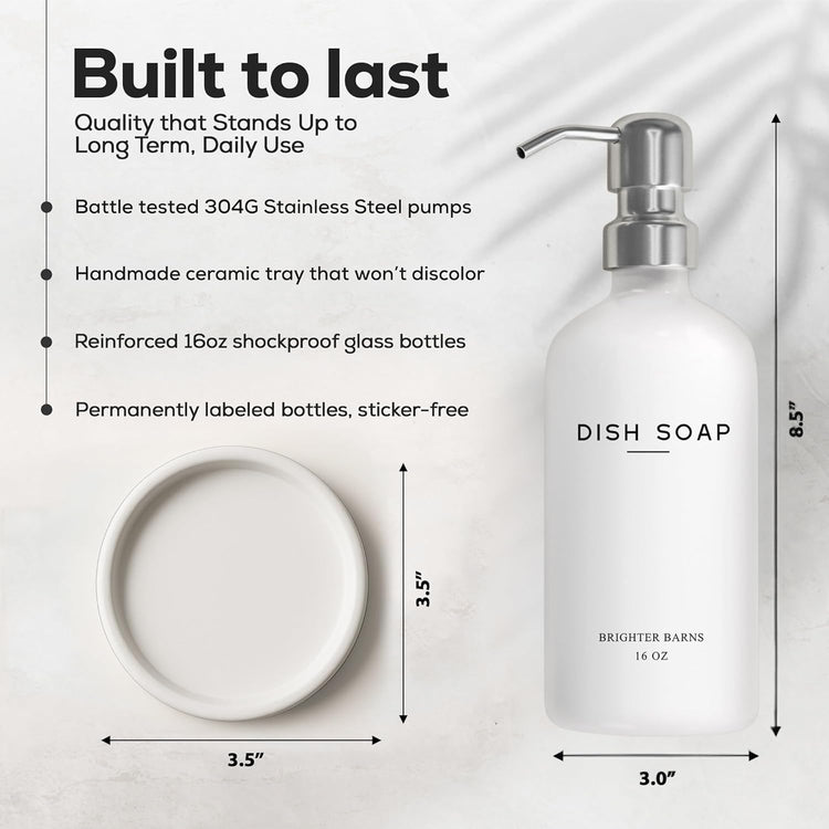 White Glass Dish Soap Dispenser for Kitchen Sink by Brighter Barns - Modern Kitchen Soap Dispenser Set - Refillable Glass Bottle with Pump - Neutral Minimalist Home Decor in Airbnb, Restaurant (White)