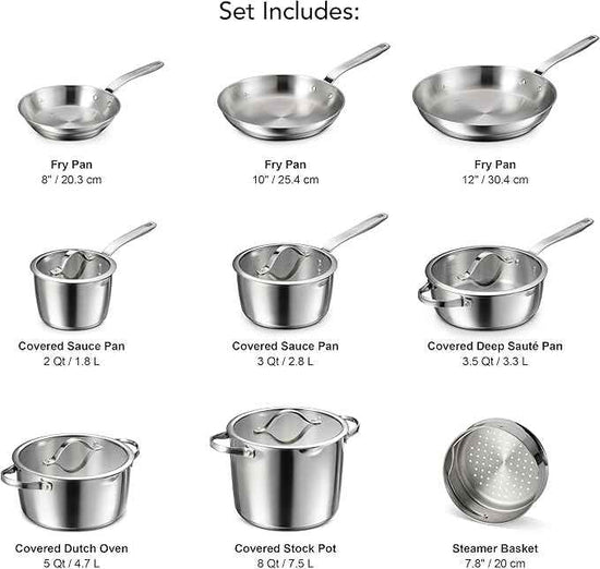 Tramontina Tempo Tri-Ply Base Stainless Steel 14-Piece Cookware Set with Glass Lids, Pots and Pans Kitchen Set, Induction-Ready, Oven-Safe, Dishwasher-Safe