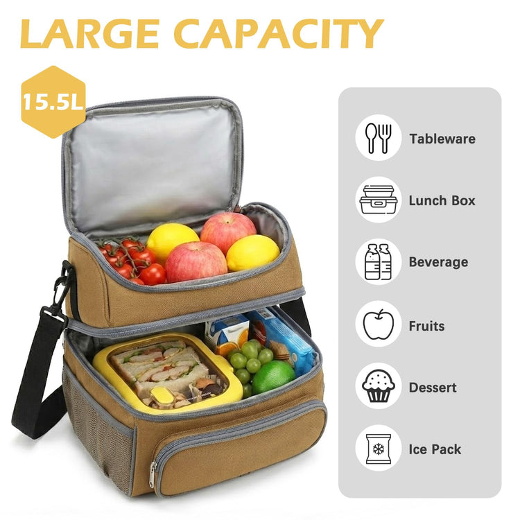 Double Layer Cooler Insulated Lunch Bag Adult Lunch Box Large Tote Bag for Men (2 Count)
