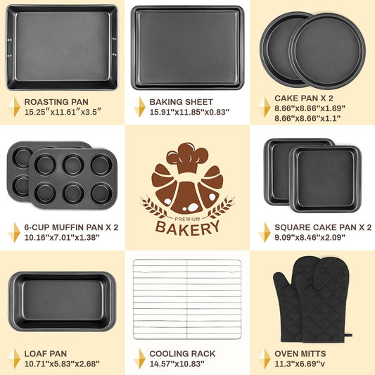 12PCS Nonstick Bakeware Set, Non-Toxic Carbon Steel Baking Pans Set with Wider Grip, Includes Roasting Pan, Cookie Sheet, Cake Pans, Muffin Pans, Cooling Rack, Oven Mitts, Easy Release - Nestoria