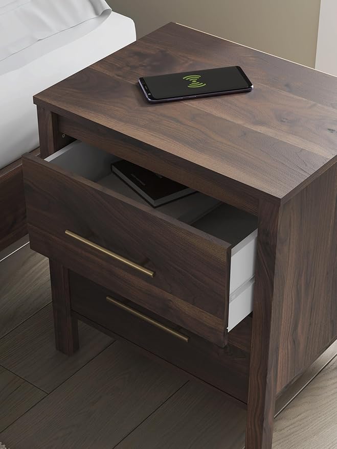 Signature Design by Ashley Calverson Rustic 2-Drawer Nightstand with Storage and Bar Pulls, Dark Brown