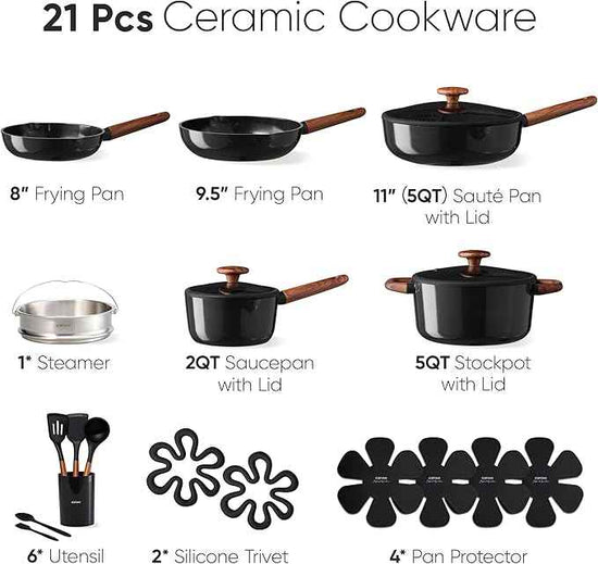 CAROTE 21pcs Cookware Set Nonstick Pots and Pans Set, Ceramic Cookware Set Induction Cookware, Non toxic Healthy Non Stick Kitchen Cooking Set, PFAS PTFE Free, Black