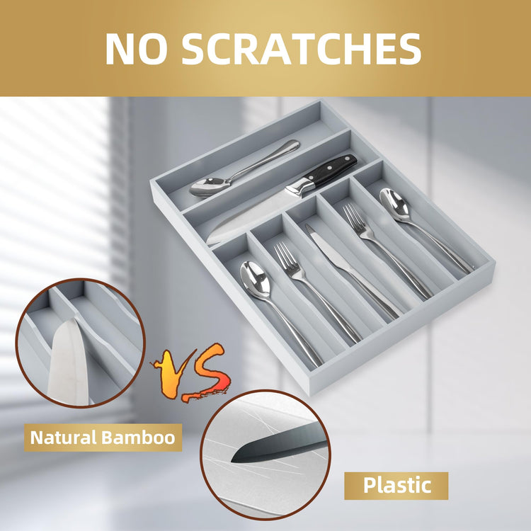 Bamboo Silverware Holder Drawer Utensil Organizer with 7 Slots Gray