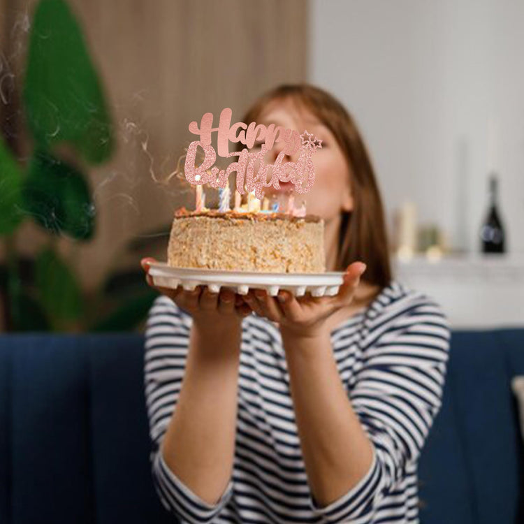 1Pcs Happy Birthday Cake Topper Glitter Cake Pick for Celebrating Anniversary Theme Party Cake Decorations Supplies Rose Gold