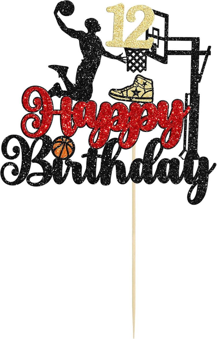 1Pc Happy 12th Birthday Basketball Cake Topper Glitter Basketball Sports Cake Pick Cheers to 12 Years Birthday Cake Decoration for 12th Sports Party Supplies Black