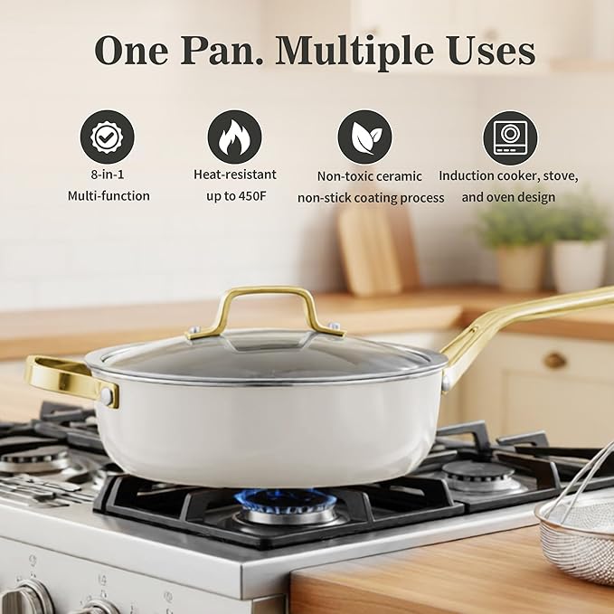 10-Inch Ceramic Non-Stick Cookware Set, 8-in-1 Multifunctional Cookware, Interior & Exterior Ceramic Coating, PFAS/PTFE/PFOA-Free, Compatible with All Stovetops， Oven-Safe up to 450°F