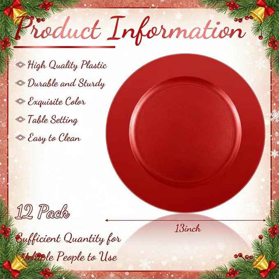 Tanlade 12 Pcs 13 Inch Charger Plates Bulk Round Wedding Chargers Plastic Dinner Plates for Table Setting Wedding Party Decoration (Red)