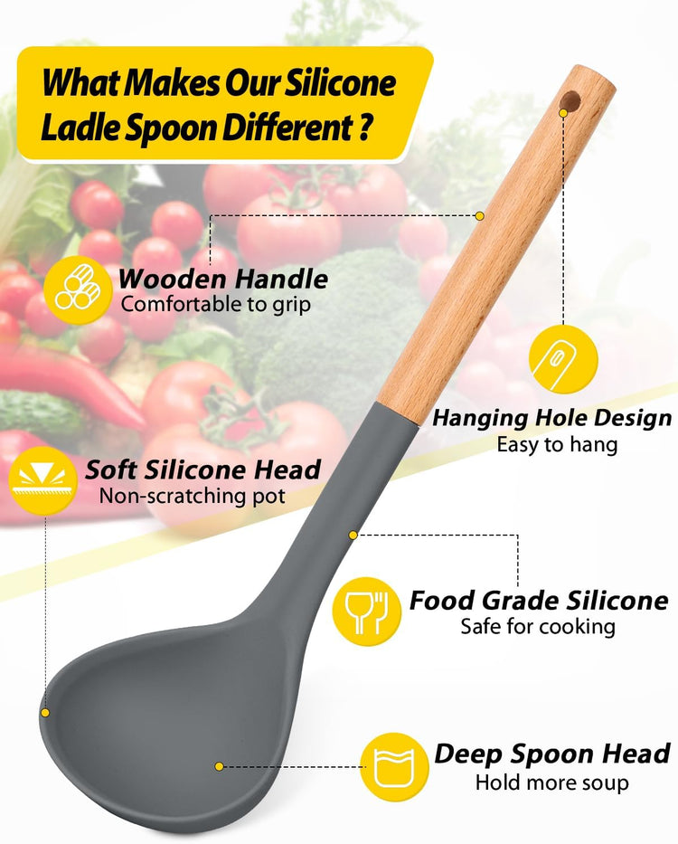 Pack of 2 Soup Ladle, Silicone Ladle Spoon with Wooden Handle, Large Non Stick High Heat Resistant Kitchen Utensils for Cooking, Stirring, Serving Soups(GRAY-BLUE)