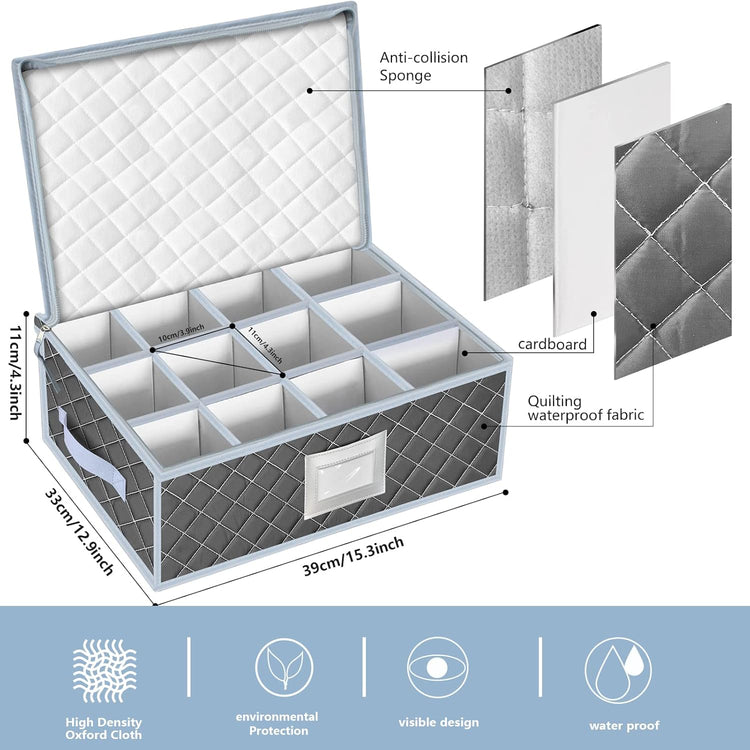 VERONLY Mug and Cup Storage Box with Dividers - 2 Pack China Storage Bin Containers Holds 24 Glassware, Stackable Coffee Mug Organizer Bin and Tea Cup with 2 Metal Zipper,Label and Handles (Grey)