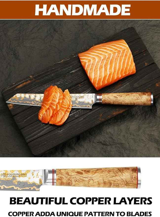 YOUSUNLONG Sujihiki Slicing Knife - 8 Inch Sashimi Sushi Knife - Handmade CuMai Copper Damascus Steel - Japanese Yanagiba Carving Knives Ultra Sharp - Naturel Burl Wooden Handle with Leather