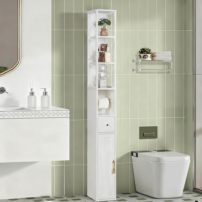 VECELO 67" Narrow Storage Cabinet, Tall Slim Corner Cabinet, Corner Storage with X-Shaped Metal Frame, Toilet Paper Holder, Magnetic Door, Ideal for Small Space, White