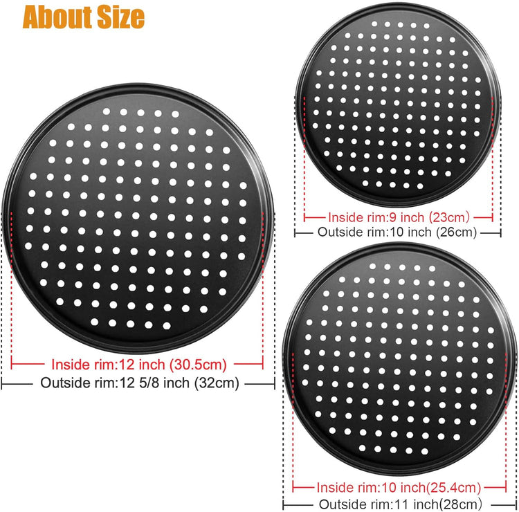 Handook Pizza Pan Set, Carbon Steel Pizza Pan with Holes, for Oven Baking Supplies & Home, Kitchen, Restaurant（9 Inch &10 Inch &12 Inch）