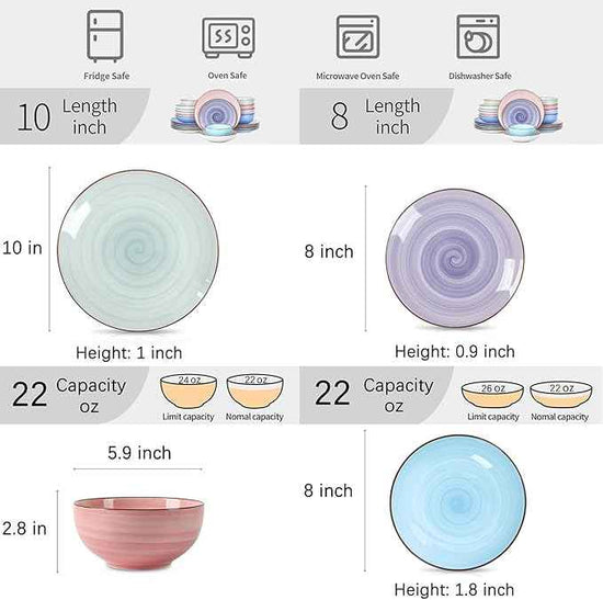 Selamica Ceramic Plates and Bowls Set, 24 Pieces Dinnerware Sets for 6, Scratch Resistant Dishes Set, Handpainted Swirl with Spot Dishwasher & Microwave Safe, Gradient Color