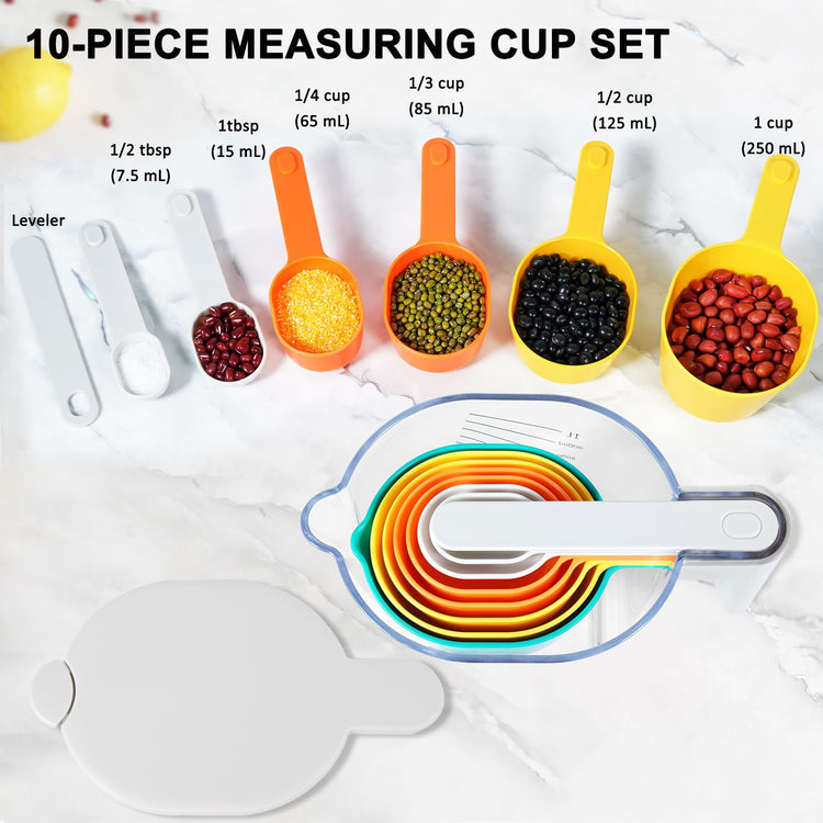 Stackable 10 Piece Measuring Cups and Spoons Set with White Lids