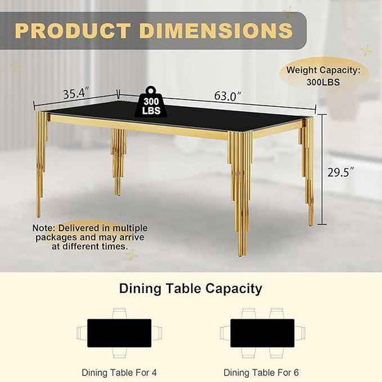 63'' Modern Glass Dining Table for 4-6 People,Black Tempered Glass Top Dining Room Table with Stainless Steel Base, Glass and Gold Dining Table for 6, Rectangle Dining Kitchen Table for Dinner