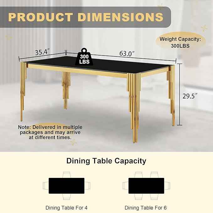 63'' Modern Glass Dining Table for 4-6 People,Black Tempered Glass Top Dining Room Table with Stainless Steel Base, Glass and Gold Dining Table for 6, Rectangle Dining Kitchen Table for Dinner