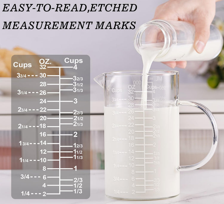 Ackers Etched Graduated Glass Measuring Cup - [Insulated Handle | V-Shaped Spout] - High Borosilicate Glass Measuring Cup for Kitchen or Dining, Easy to Read,1000 ML (32 Oz, 4 Cup)