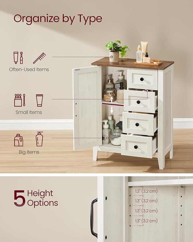 VASAGLE LIRY Collection - Storage Cabinet, Farmhouse Bathroom Floor Cabinet with 4 Drawers, Freestanding Storage Organizer, Barn Door, Adjustable Shelf, Rustic White, UBBK753W01