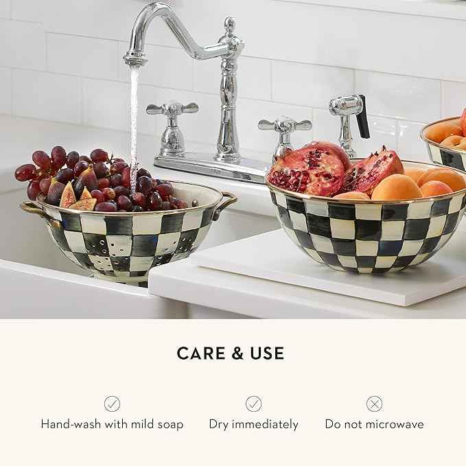 MACKENZIE-CHILDS Enamel Colander, Decorative Kitchen Strainer, Large, Black-and-White Courtly Check