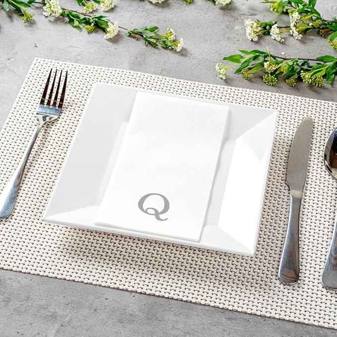 Luxenap 15.8 X 7.9 Inch Linen-Feel Guest Towels, 2000 Lettered Hand Towels - Silver Letter 'Q', Sans Serif Font, White Paper Dinner Napkins, airlaid, For Restrooms And Tables - Restaurantware