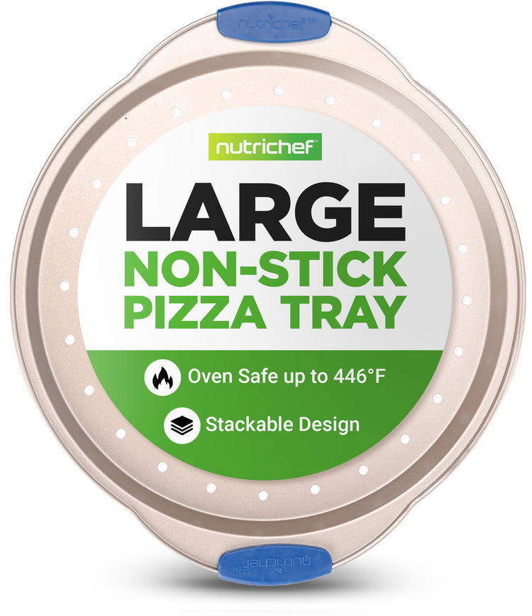 13-Inch Non-Stick Pizza Tray - with Silicone Handle, Round Steel Non-stick Pan with Perforated Holes, Premium Bakeware, Pizza Tray with Extended Handles, Dishwasher Safe - Champagne Gold