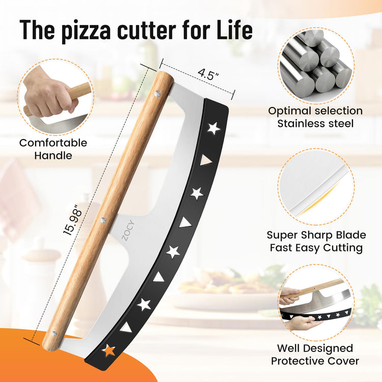 Pizza Cutter Rocker with Wooden Handles & Protective Cover by ZOCY