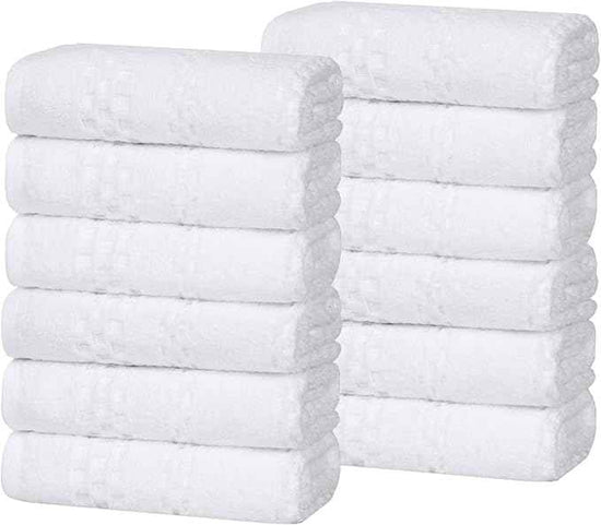 Superior Playa Zero Twist Cotton Medium Weight Small Towels, for Kitchen, Bathroom, Shower, Spa, Plush, Quick Dry, Ultra-Soft Essentials, Waffle Textured, Face Towels Washcloths, Set of 12, White