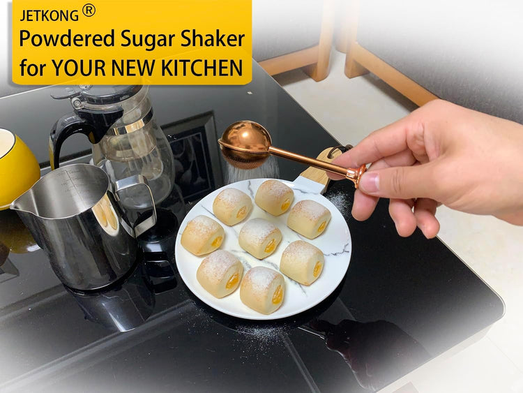 JETKONG Powdered Sugar Shaker Duster Flour Dispenser Shaker with 18/8 Stainless Steel Spring-operated Handle for Sugar Flour and Spices (Brown)