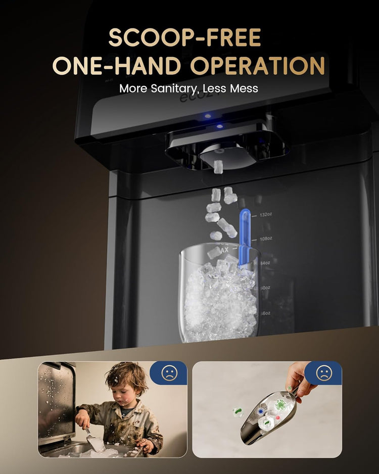 ecozy Nugget Ice Maker Dispenser, Smart 2-in-1 Pebble Ice Machine Countertop & Water Dispenser with App Control, Self-Cleaning, Auto Lighting, TDS Monitor, Measured Dispensing, 33Lbs/Day