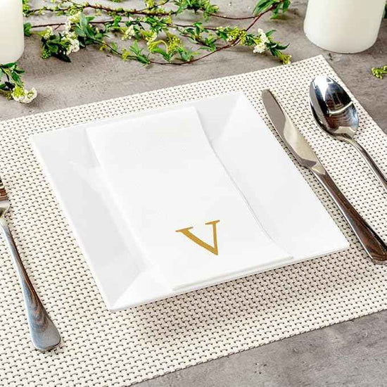 Luxenap 15.8 X 7.9 Inch Linen-Feel Guest Towels, 2000 Lettered Hand Towels - Gold Letter 'V', Sans Serif Font, White Paper Dinner Napkins, airlaid, For Restrooms And Tables