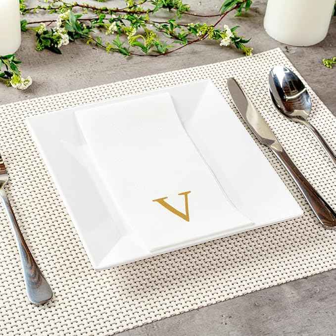 Luxenap 15.8 X 7.9 Inch Linen-Feel Guest Towels, 50 Lettered Hand Towels - Gold Letter 'V', Sans Serif Font, White Paper Dinner Napkins, airlaid, For Restrooms And Tables