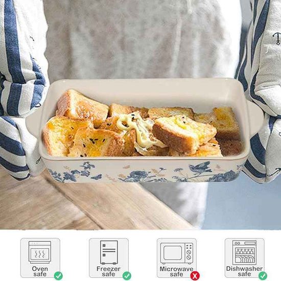 Baking Pans Set of 2 Blue flower 14 inch Ceramic for Oven Large Casserole Baking Dish Set with Handles Porcelain Bakeware Sets Casserole Dish for Oven/Cooking/Kitchen/Cake Dinner/Turkey/Pumpkin/Thanksgiving Holiday Gifts