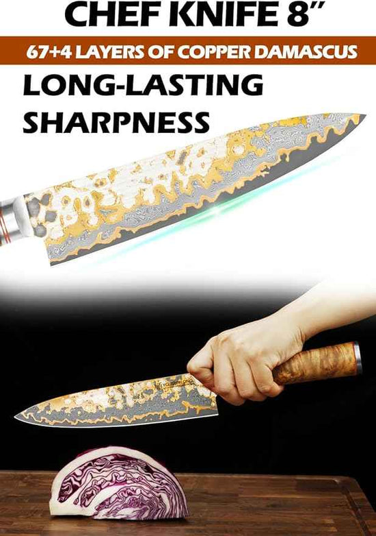 YOUSUNLONG Chef Knife - 8'' Blade Japanese Handmade Copper Damascus Steel - Professional Chef's Knife - Razor Sharp Slicing Knife - Naturel Burl Wooden Handle with Leather and Acacia Wood Box