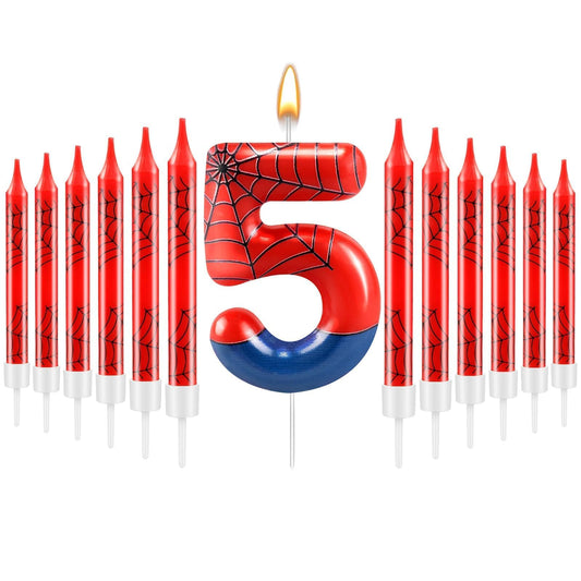 13 Pcs Spider Themed Birthday Candle Set Red Spider Theme Number 5 Candle Cake Topper for Boys Girls Birthday Decoration Spider Party Decoration Supplies (13 Count)