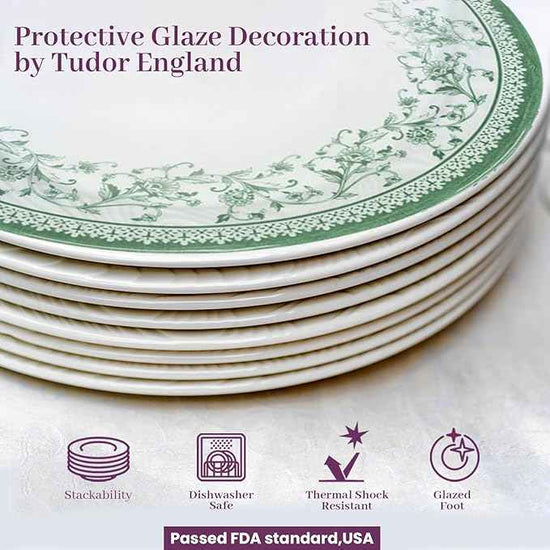 Tudor Royal 12-Piece Round Porcelain Dinnerware Set, Service for 4 - Aster Green Design, Multicolor Floral, Plates Bowls Mugs Dishes, Premium Quality Tableware, Unique Pattern, Glossy