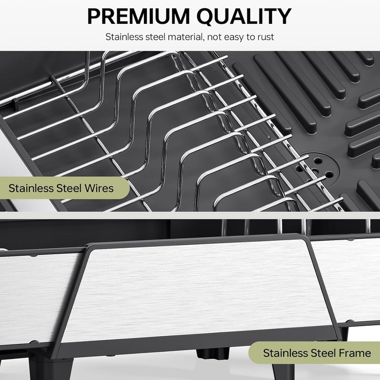 Triple Expandable Dish Drying Rack, Extra Large Dish Rack for Kitchen Counter, Stainless Steel Dish Drying Rack, Foldable Dishes Drainer, Extendable Dish Strainer with Utensil & Pans Holder, Black