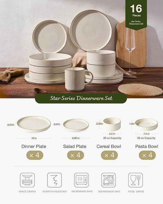 Famiware Star Dinnerware Set with Pasta Bowls, Service for 4 (16pcs), Ribbed Stoneware Plates and Bowls Dishes Sets with Trim - Chip & Scratch Resistant, Microwave & Dishwasher Safe, White