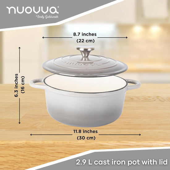 Cast Iron Dutch Oven with Lid – Non-Stick Ovenproof Enamelled Casserole Pot – Sturdy Dutch Oven Cookware – Grey, 3.1-Quart, 22cm – by Nuovva - Nestoria