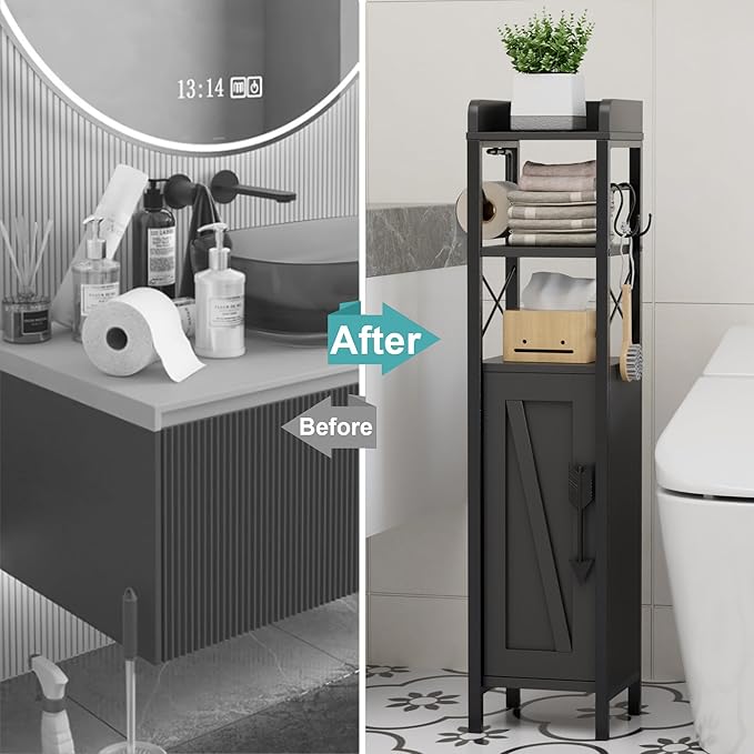 VECELO Small Bathroom Cabinet,Slim Toilet Paper Holder with Door&Metal Scroll, Upgraded Narrow Storage Organizer for Restroom Bathroom Tiny Space,Fenced Top Waterproof Coating,Black