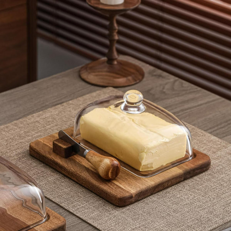 Glass & Acacia Wood Butter Dish with Airtight Glass Lid & Serving Knife