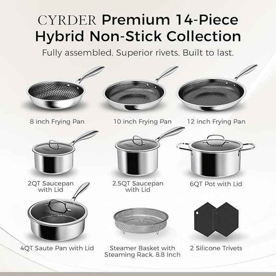 Nonstick Pots and Pans Set, 14 Piece Hybrid Hex Non Stick Stainless Steel Cookware with Frying Pans, Saute Pan, Saucepans & Stock Pot - Induction Compatible, Dishwasher &Oven Safe, PFOA Free