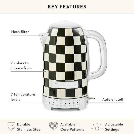 MACKENZIE-CHILDS Stainless-Steel Electric Kettle Bundle with Stainless-Steel 2-Slice Toaster, Black-and-White Courtly Check