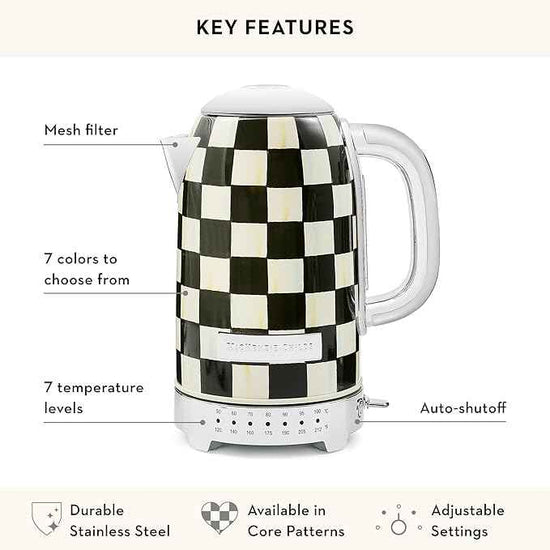 MACKENZIE-CHILDS Stainless-Steel Electric Kettle Bundle with Stainless-Steel 2-Slice Toaster, Black-and-White Courtly Check