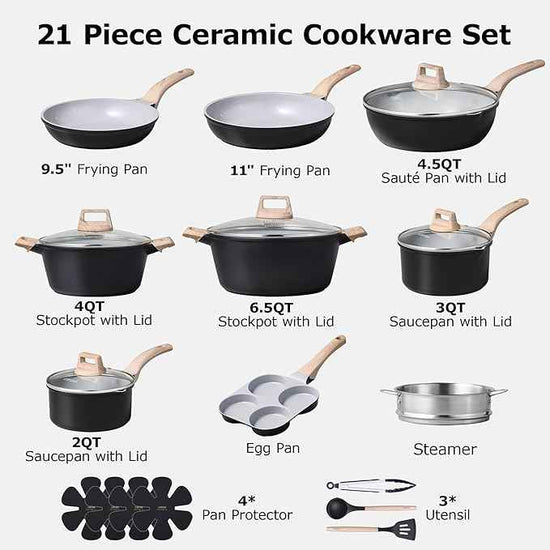 CAROTE 21pcs Pots and Pans Set Nonstick, Cookware Set Black Induction Kitchen Cooking Set w/Frying Pans & Saucepans(PFOS, PFOA Free)