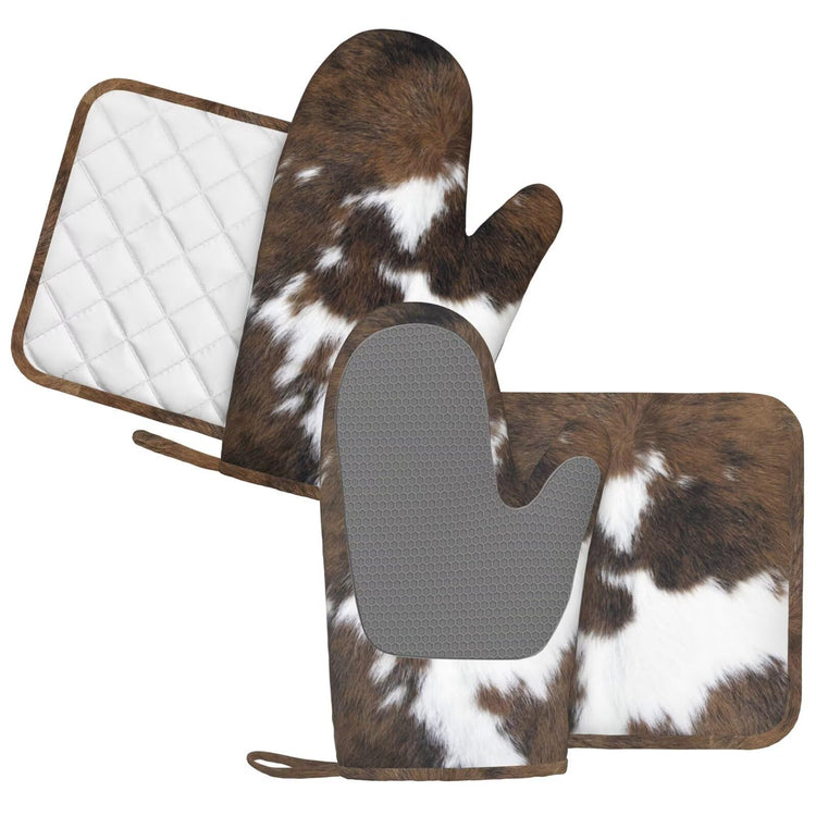 Cow Print Oven Mitts and Pot Holders Set of 4 Silicone Brown Cowhide Kitchen Mitten Gloves and Non