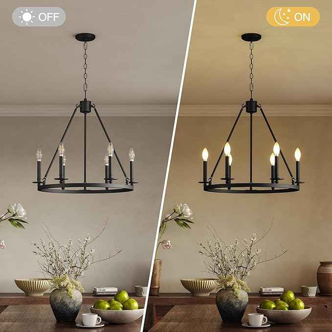 Tribesigns Wagon Wheel Chandelier 26" 6-Lights, Black Metal Rustic Ceiling Light Round Chandeliers Farmhouse for Farmhouse, Kitchen, Dining Room, Cabin Foyer, Entryway