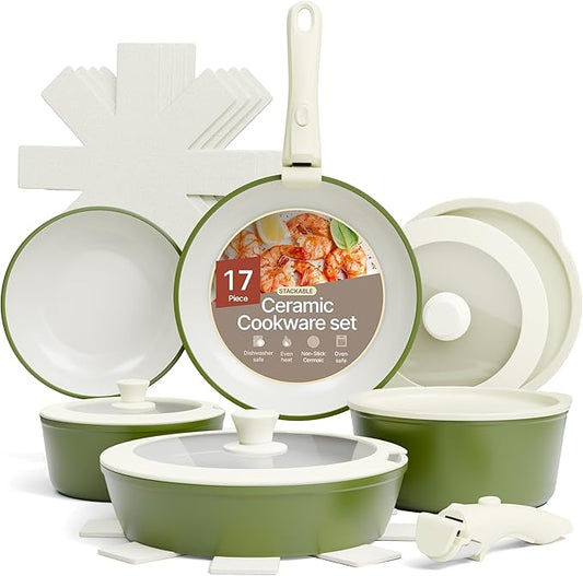 Bakken 17-Piece Ceramic Coated Aluminum Cookware Set, Nonstick Pots and Pans with Lids, Silicone Cooking Utensils & Oven Mitts, All Stovetop Safe Up To 500°F, PTFE & PFAS Free, Dishwasher Safe