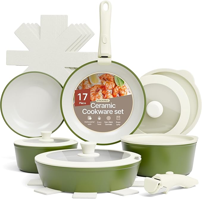 Bakken 17-Piece Ceramic Coated Aluminum Cookware Set, Nonstick Pots and Pans with Lids, Silicone Cooking Utensils & Oven Mitts, All Stovetop Safe Up To 500°F, PTFE & PFAS Free, Dishwasher Safe